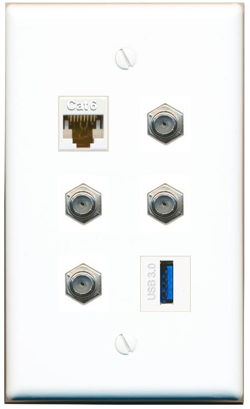  CAT6 4 COAX USB-3 Flat/Solid Wall Plate [White]