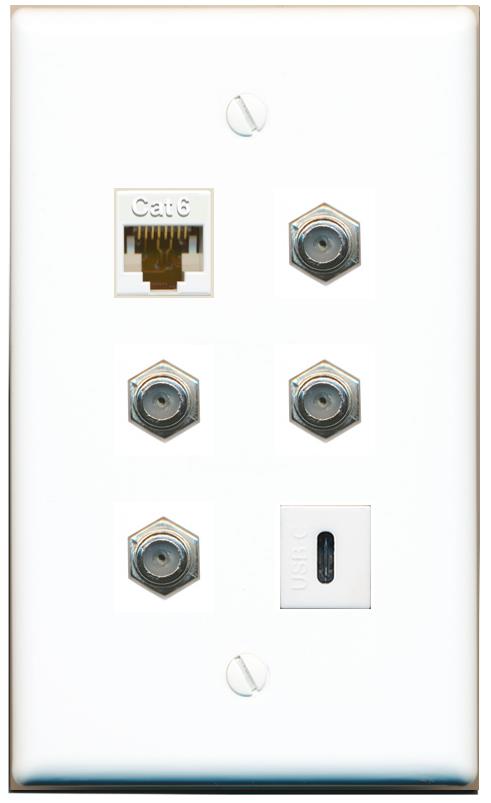  CAT6 4 COAX USBC Flat/Solid Wall Plate [White]