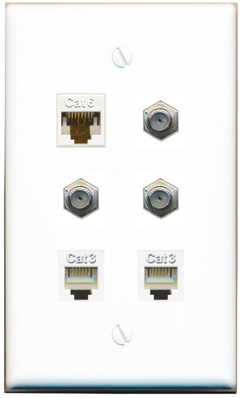  CAT6 3 COAX 2 PHONE Flat/Solid Wall Plate [White]