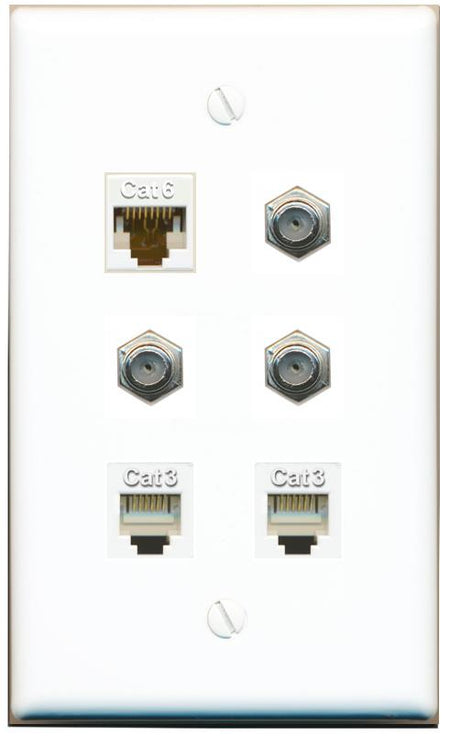  CAT6 3 COAX 2 PHONE Flat/Solid Wall Plate [White]