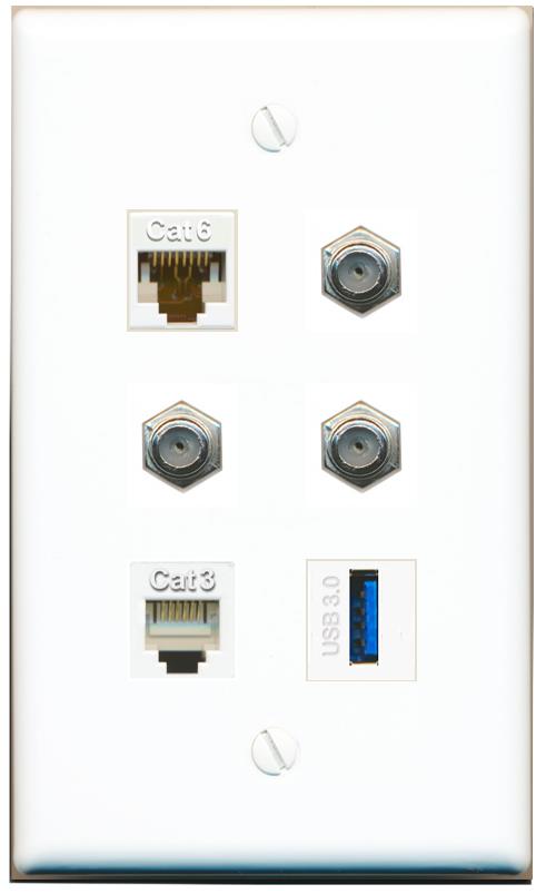  CAT6 3 COAX PHONE USB-3 Flat/Solid Wall Plate [White]