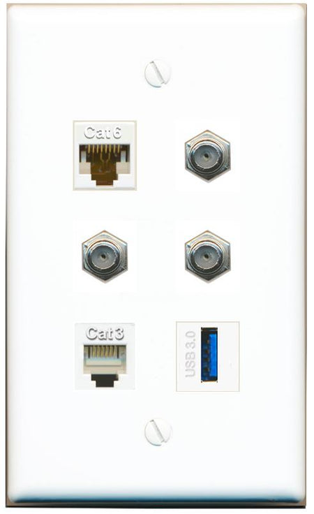  CAT6 3 COAX PHONE USB-3 Flat/Solid Wall Plate [White]