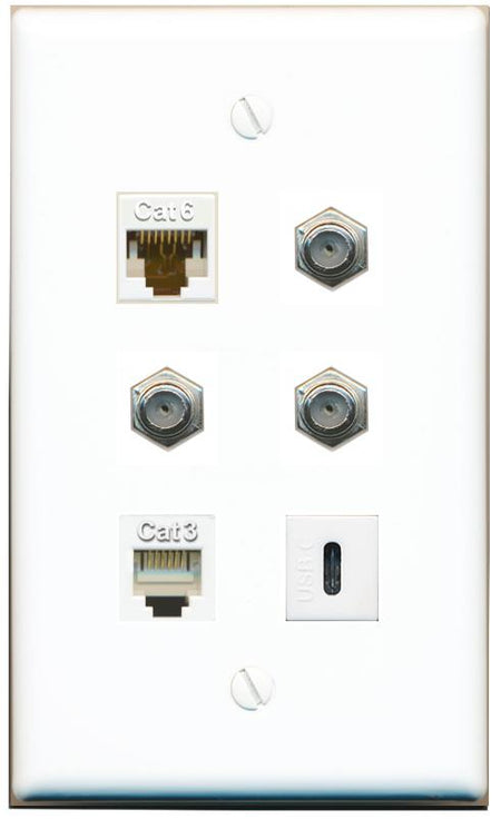  CAT6 3 COAX PHONE USBC Flat/Solid Wall Plate [White]