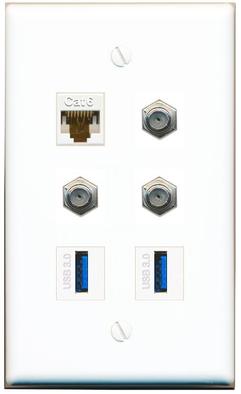  CAT6 3 COAX 2 USB-3 Flat/Solid Wall Plate [White]