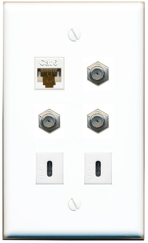 CAT6 3 COAX 2 USBC Flat/Solid Wall Plate [White]