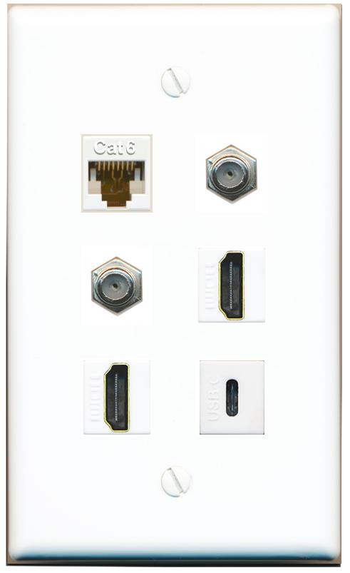  CAT6 2 COAX 2 HDMI USBC Flat/Solid Wall Plate [White]