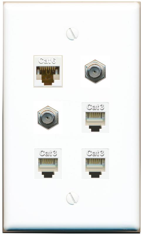  CAT6 2 COAX 3 PHONE Flat/Solid Wall Plate [White]