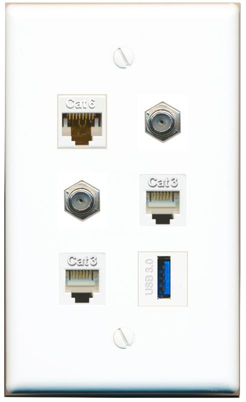  CAT6 2 COAX 2 PHONE USB-3 Flat/Solid Wall Plate [White]