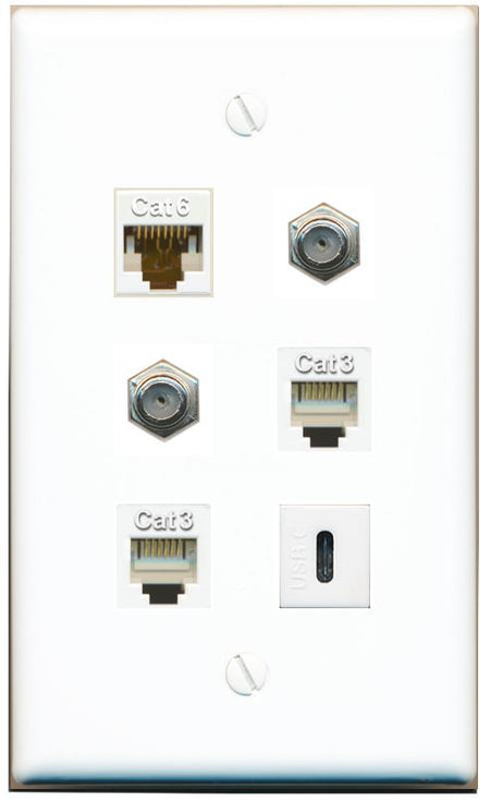  CAT6 2 COAX 2 PHONE USBC Flat/Solid Wall Plate [White]