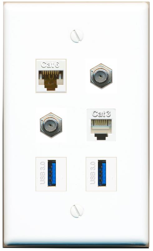  CAT6 2 COAX PHONE 2 USB-3 Flat/Solid Wall Plate [White]