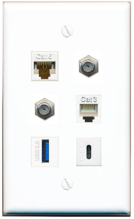  CAT6 2 COAX PHONE USB-3 USBC Flat/Solid Wall Plate [White]