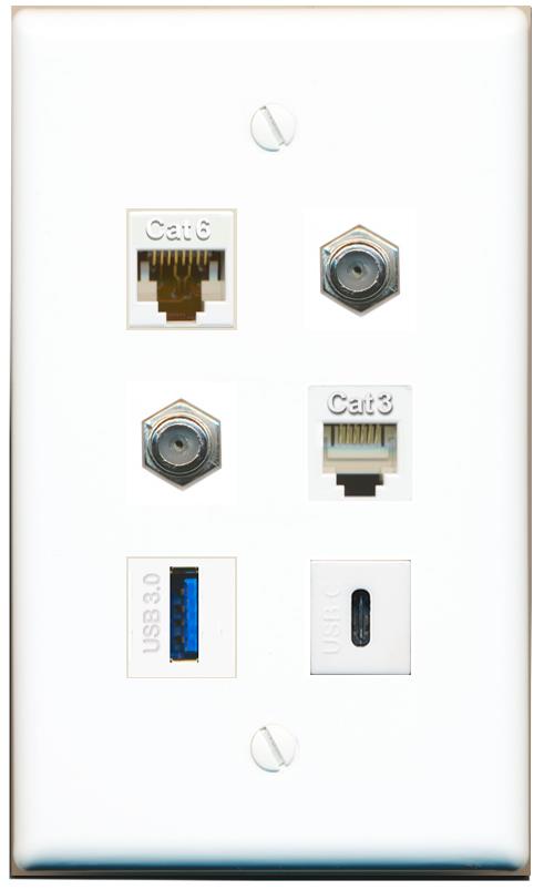  CAT6 2 COAX PHONE USB-3 USBC Flat/Solid Wall Plate [White]