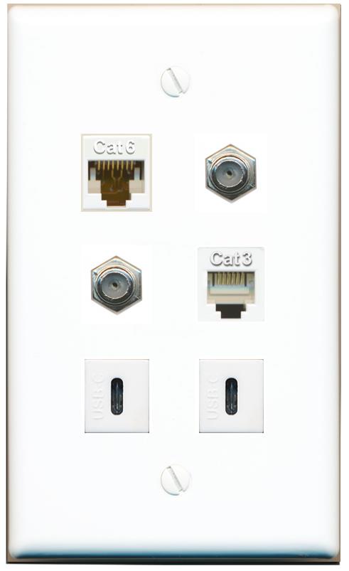  CAT6 2 COAX PHONE 2 USBC Flat/Solid Wall Plate [White]