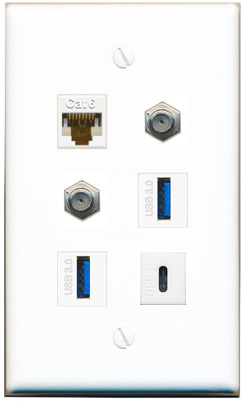  CAT6 2 COAX 2 USB-3 USBC Flat/Solid Wall Plate [White]