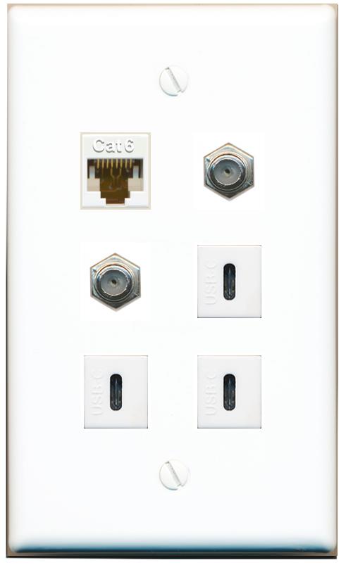  CAT6 2 COAX 3 USBC Flat/Solid Wall Plate [White]