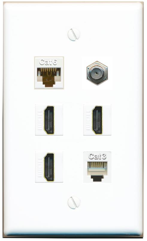  CAT6 COAX 3 HDMI PHONE Flat/Solid Wall Plate [White]