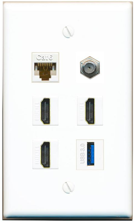  CAT6 COAX 3 HDMI USB-3 Flat/Solid Wall Plate [White]