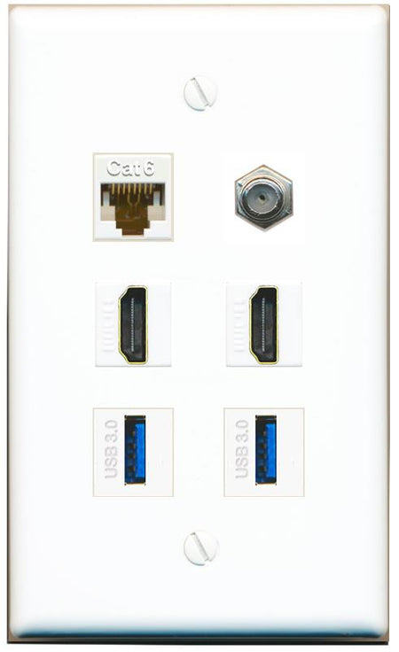  CAT6 COAX 2 HDMI 2 USB-3 Flat/Solid Wall Plate [White]