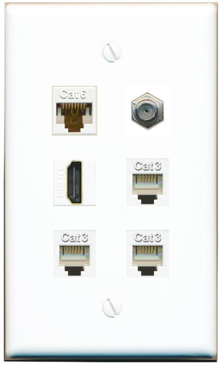  CAT6 COAX HDMI 3 PHONE Flat/Solid Wall Plate [White]