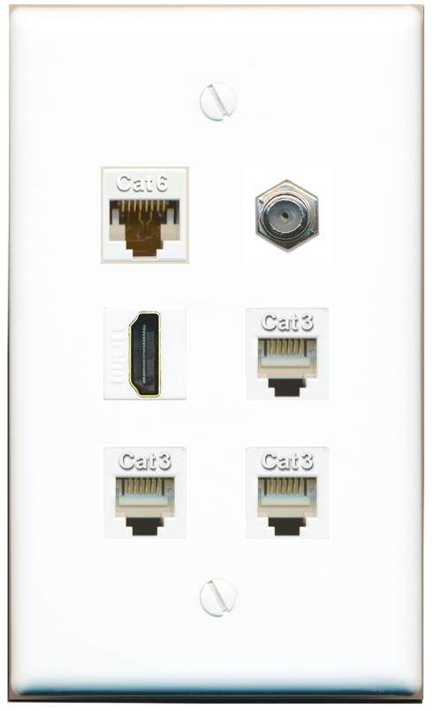  CAT6 COAX HDMI 3 PHONE Flat/Solid Wall Plate [White]
