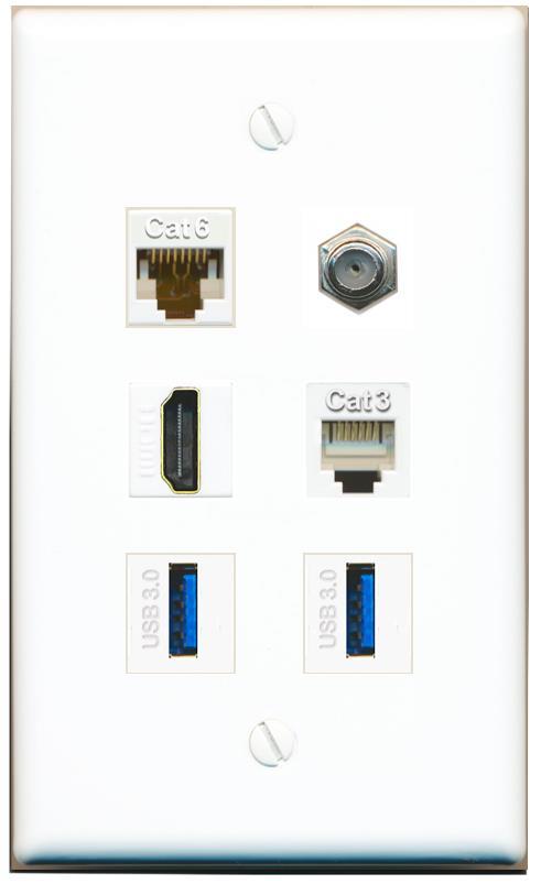  CAT6 COAX HDMI PHONE 2 USB-3 Flat/Solid Wall Plate [White]