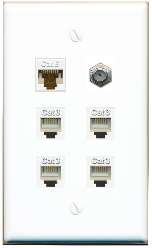  CAT6 COAX 4 PHONE Flat/Solid Wall Plate [White]