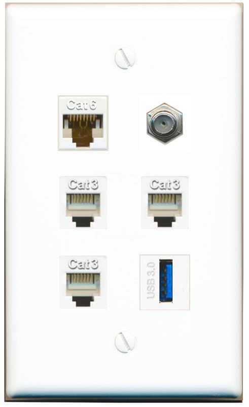  CAT6 COAX 3 PHONE USB-3 Flat/Solid Wall Plate [White]