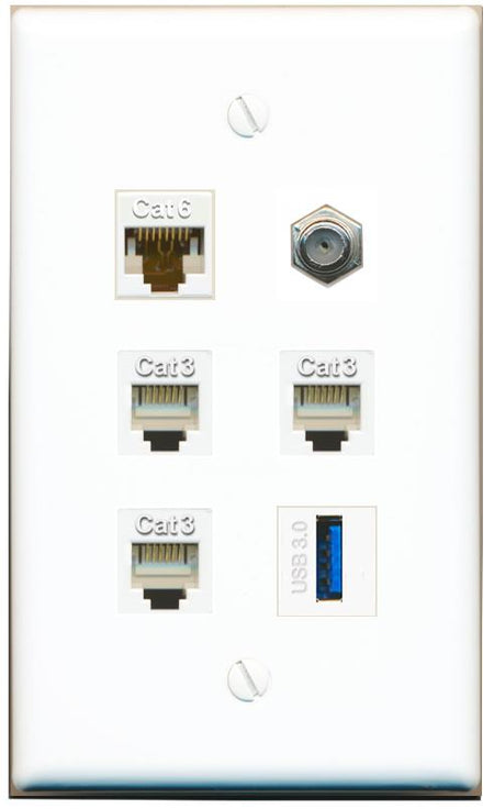  CAT6 COAX 3 PHONE USB-3 Flat/Solid Wall Plate [White]