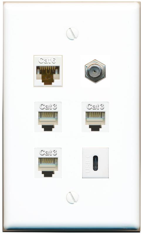  CAT6 COAX 3 PHONE USBC Flat/Solid Wall Plate [White]