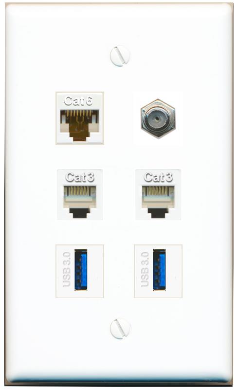  CAT6 COAX 2 PHONE 2 USB-3 Flat/Solid Wall Plate [White]