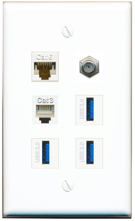  CAT6 COAX PHONE 3 USB-3 Flat/Solid Wall Plate [White]