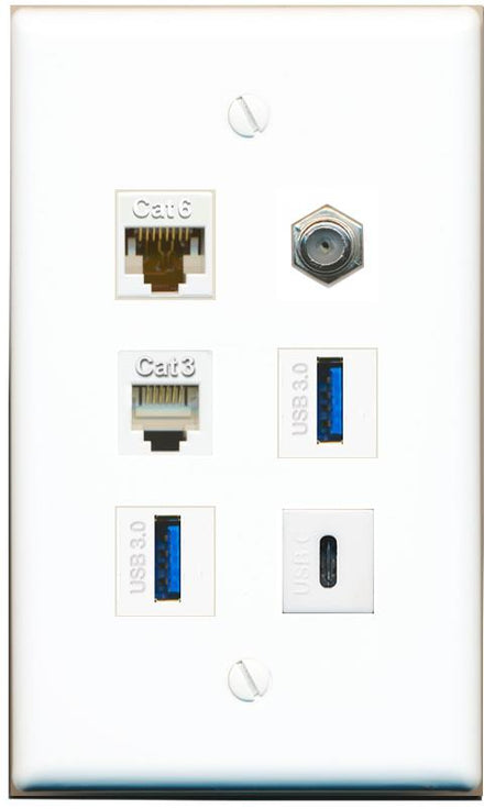  CAT6 COAX PHONE 2 USB-3 USBC Flat/Solid Wall Plate [White]