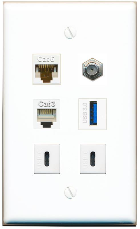  CAT6 COAX PHONE USB-3 2 USBC Flat/Solid Wall Plate [White]