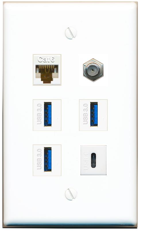  CAT6 COAX 3 USB-3 USBC Flat/Solid Wall Plate [White]