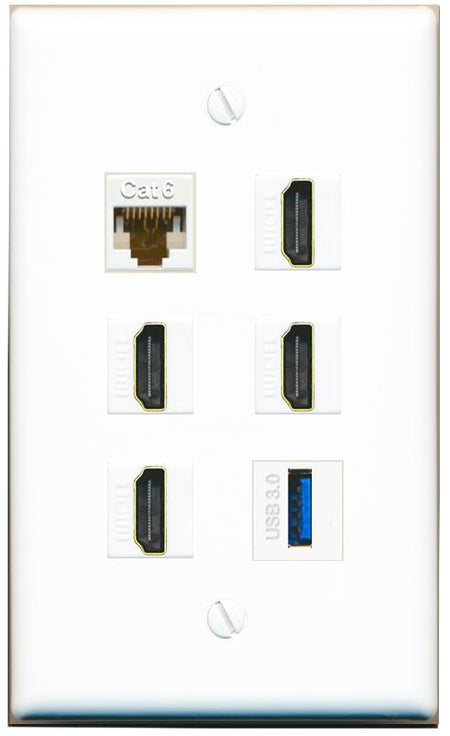 CAT6 4 HDMI USB-3 Flat/Solid Wall Plate [White]