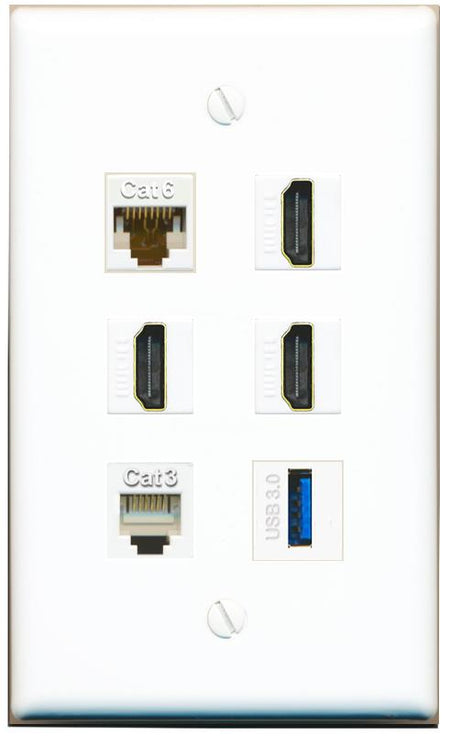  CAT6 3 HDMI PHONE USB-3 Flat/Solid Wall Plate [White]