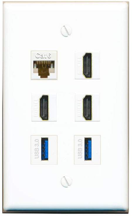  CAT6 3 HDMI 2 USB-3 Flat/Solid Wall Plate [White]