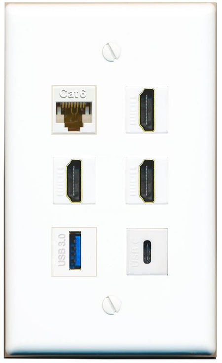  CAT6 3 HDMI USB-3 USBC Flat/Solid Wall Plate [White]