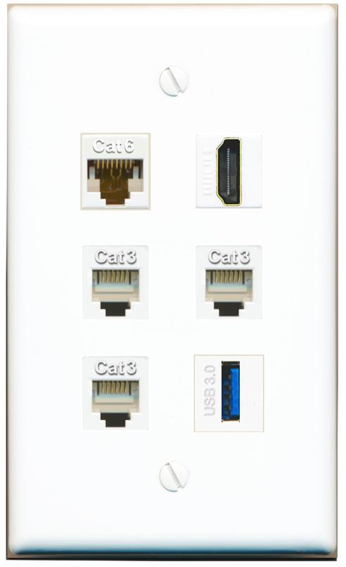  CAT6 HDMI 3 PHONE USB-3 Flat/Solid Wall Plate [White]