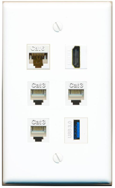  CAT6 HDMI 3 PHONE USB-3 Flat/Solid Wall Plate [White]