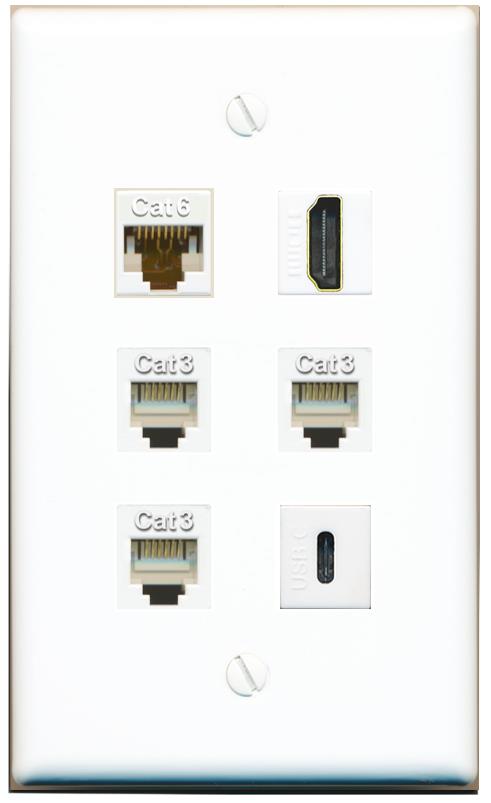  CAT6 HDMI 3 PHONE USBC Flat/Solid Wall Plate [White]