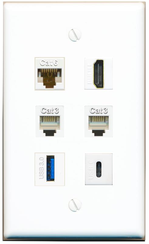  CAT6 HDMI 2 PHONE USB-3 USBC Flat/Solid Wall Plate [White]