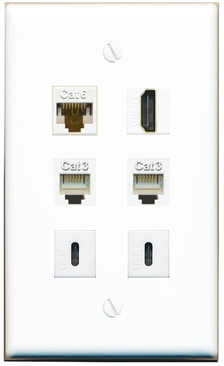  CAT6 HDMI 2 PHONE 2 USBC Flat/Solid Wall Plate [White]
