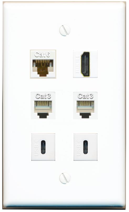  CAT6 HDMI 2 PHONE 2 USBC Flat/Solid Wall Plate [White]