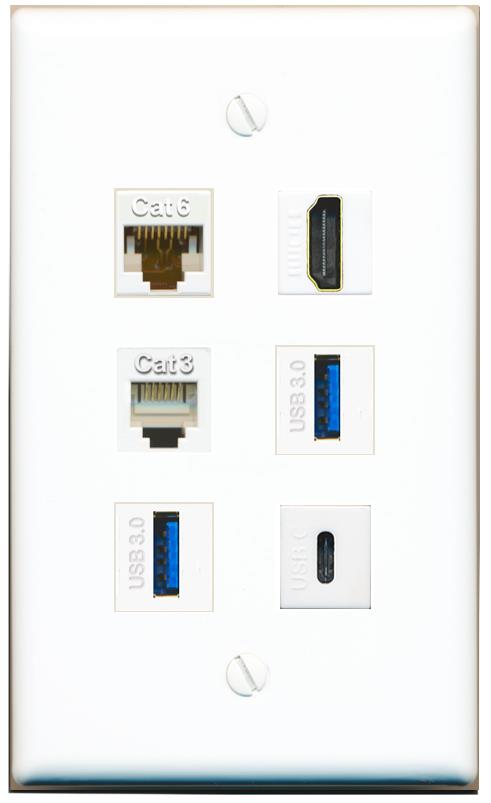  CAT6 HDMI PHONE 2 USB-3 USBC Flat/Solid Wall Plate [White]
