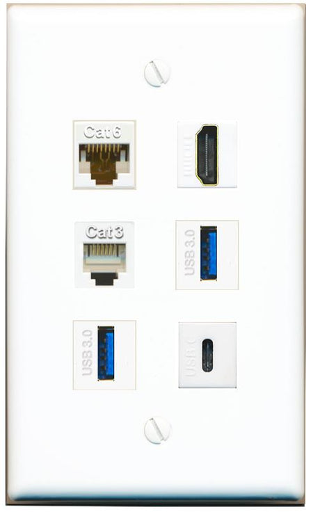  CAT6 HDMI PHONE 2 USB-3 USBC Flat/Solid Wall Plate [White]