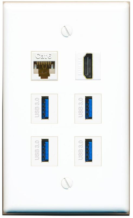  CAT6 HDMI 4 USB-3 Flat/Solid Wall Plate [White]