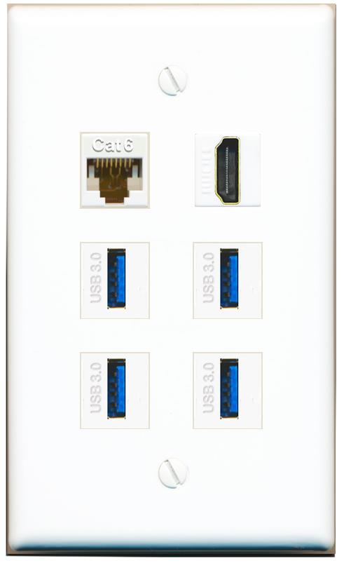  CAT6 HDMI 4 USB-3 Flat/Solid Wall Plate [White]