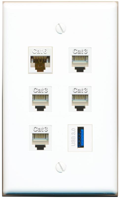  CAT6 4 PHONE USB-3 Flat/Solid Wall Plate [White]