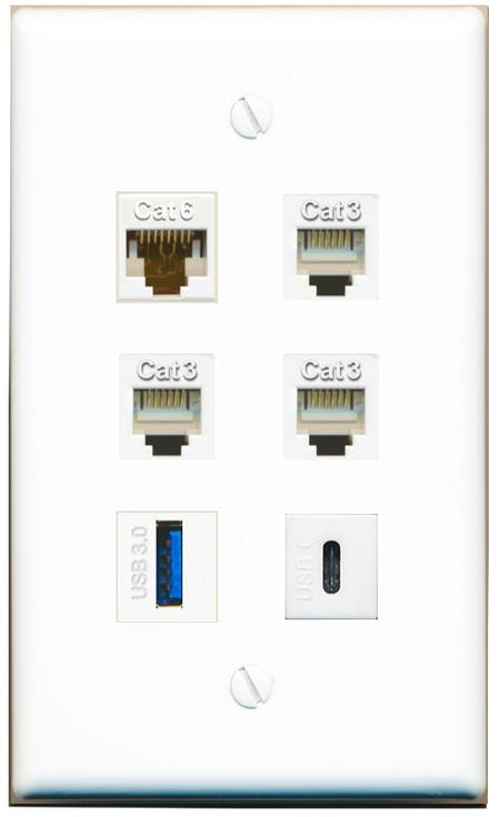  CAT6 3 PHONE USB-3 USBC Flat/Solid Wall Plate [White]